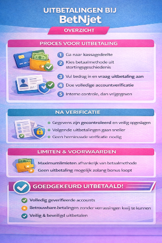Infographic die het uitbetalingsproces bij BetNjet uitlegt, met stappen voor verificatie, beschikbare uitbetalingsmethoden, verwerkingstijd en voorwaarden voor veilig uitbetalen. 