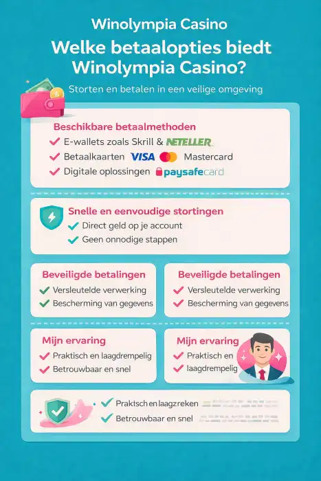 Infographic met een overzicht van de betaalopties bij Winolympia Casino, waaronder e-wallets, betaalkaarten en digitale betaalmethoden, met nadruk op snelle stortingen en beveiligde transacties.