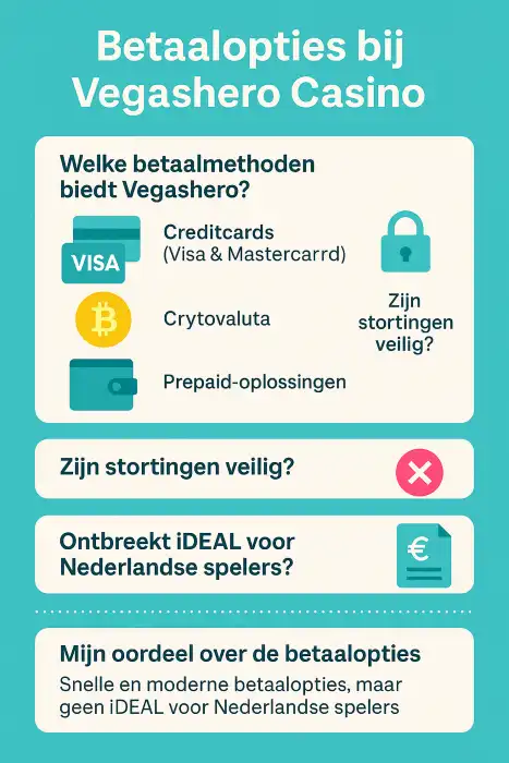 Overzicht van betaalopties bij Vegashero Casino zoals creditcards, e-wallets en cryptovaluta.