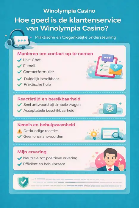 Infographic over de klantenservice van Winolympia Casino met een overzicht van contactmogelijkheden, reactietijden, deskundigheid en de persoonlijke ervaring van een online casino expert.