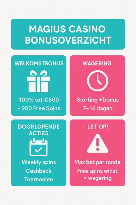 Infographic met Magius Casino bonussen: welkomstpakket, wagering, wekelijkse promoties en voorwaarden