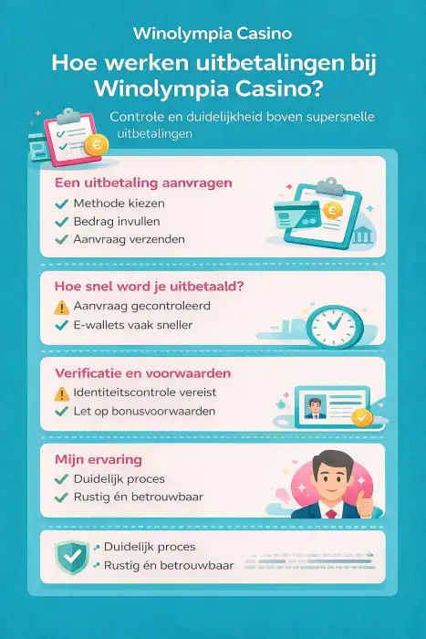Infographic over het uitbetalingsproces bij Winolympia Casino, met uitleg over het aanvragen van uitbetalingen, verwerkingstijden, verificatie en de ervaring van een online casino expert