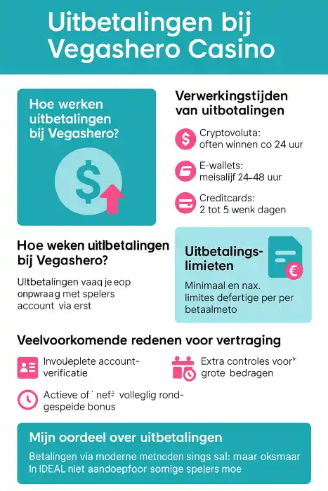 Infographic over uitbetalingen bij Vegashero Casino met verwerkingstijden, limieten en mogelijke vertragingen.