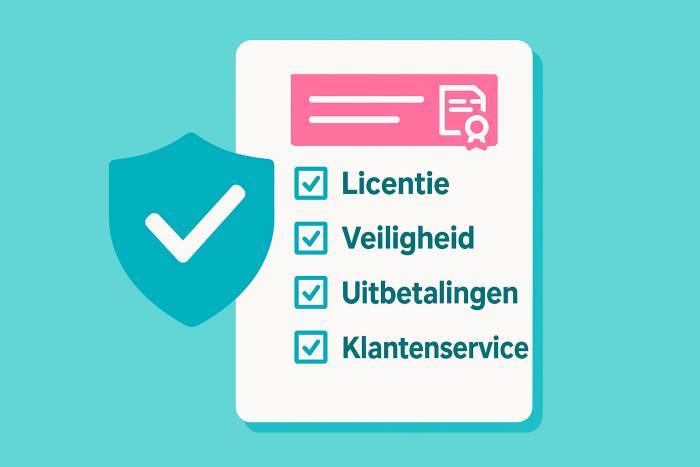 Illustratie van controlepunten voor betrouwbaarheid, zoals licentie, veiligheid, voorwaarden en uitbetalingen.