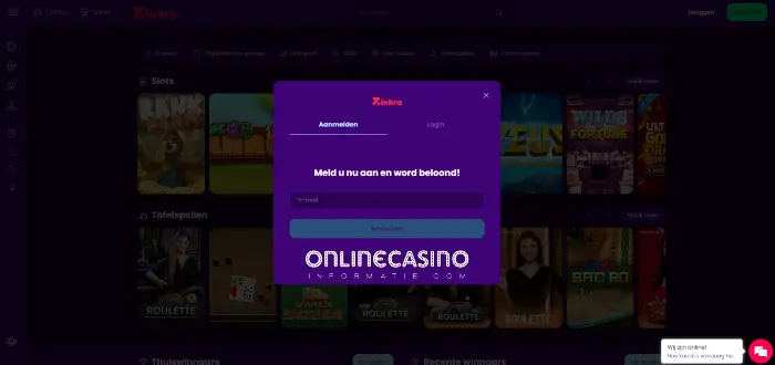Aanmeldvenster van Zinkra Casino