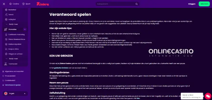Verantwoord spelen bij Zinkra Casino