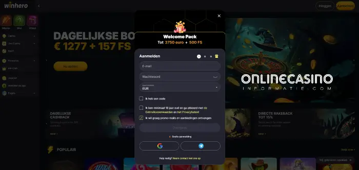 Aanmeld venster van WinHero Casino