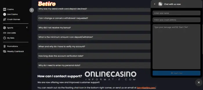Betiro casino Klantenservice en chat