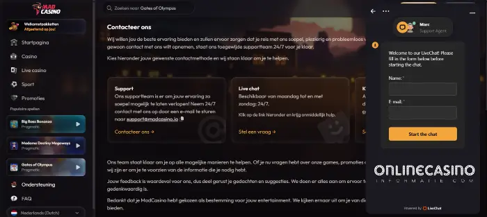 Klantenservice omgeving met live chat