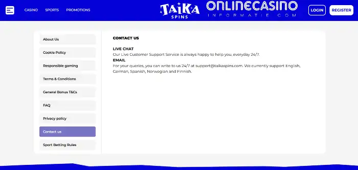Klantenservice toelichting bij Taikaspins casino