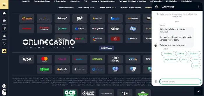 Live chat op de casino homepage