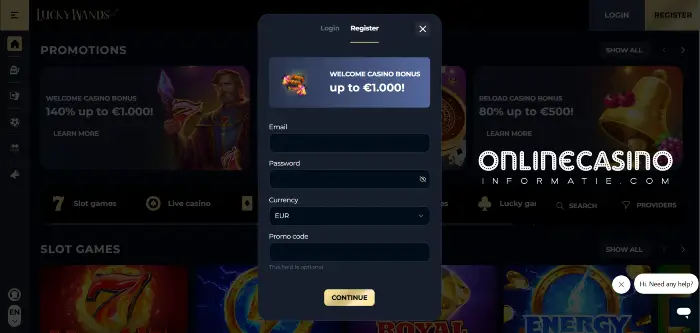 Registreren bij LuckyWands Casino