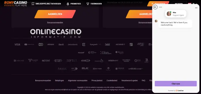 Live chatten bij RonyCasino